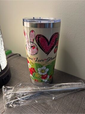 Paper Source White and Pink Strawberry Peace Love Stainless Steel Tumbler